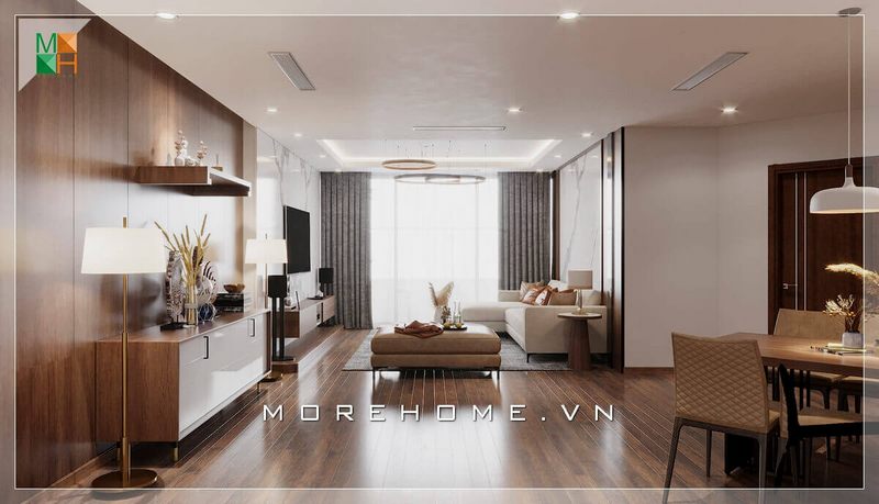 Mẫu thiết kế nội thất phòng khách sử dụng gỗ tự nhiên có màu trầm và kiểu dáng đơn giản giúp tạo nên phong cách đẳng cấp và trẻ trung hiện đại cho ngôi nhà của bạn.